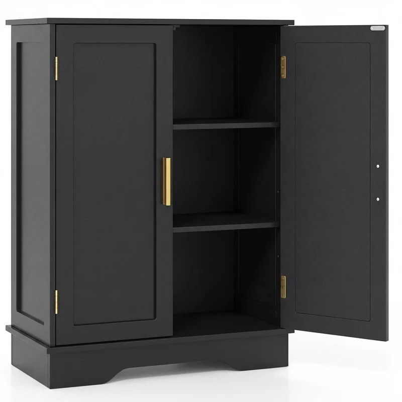 Bathroom Floor Storage Cabinet, 2 Doors, Adjustable Shelves, Black