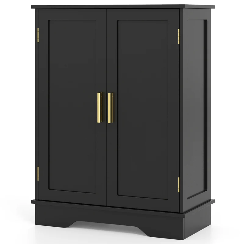 Bathroom Floor Storage Cabinet, 2 Doors, Adjustable Shelves, Black