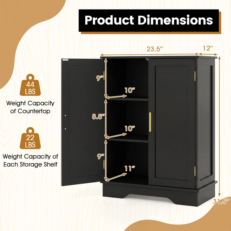 Bathroom Floor Storage Cabinet, 2 Doors, Adjustable Shelves, Black