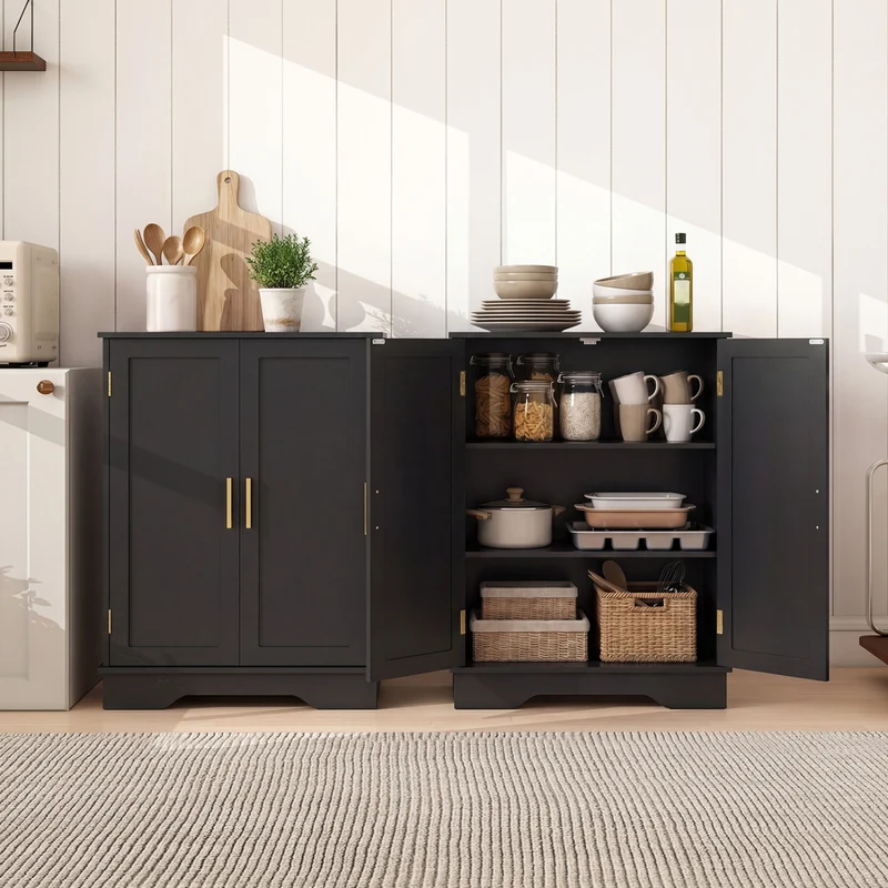 Bathroom Floor Storage Cabinet, 2 Doors, Adjustable Shelves, Black