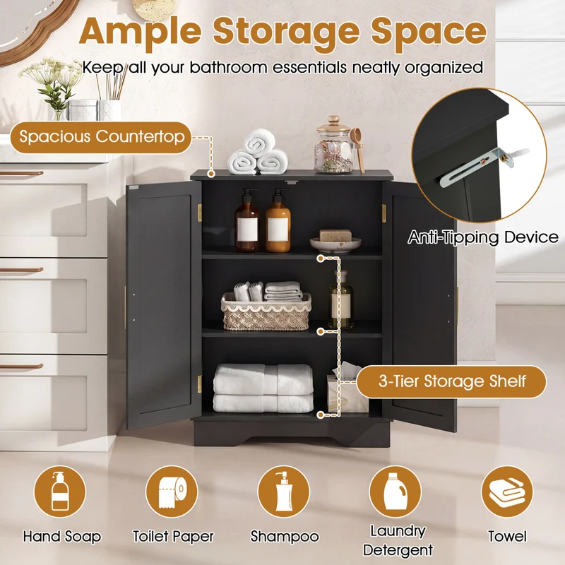 Bathroom Floor Storage Cabinet, 2 Doors, Adjustable Shelves, Black