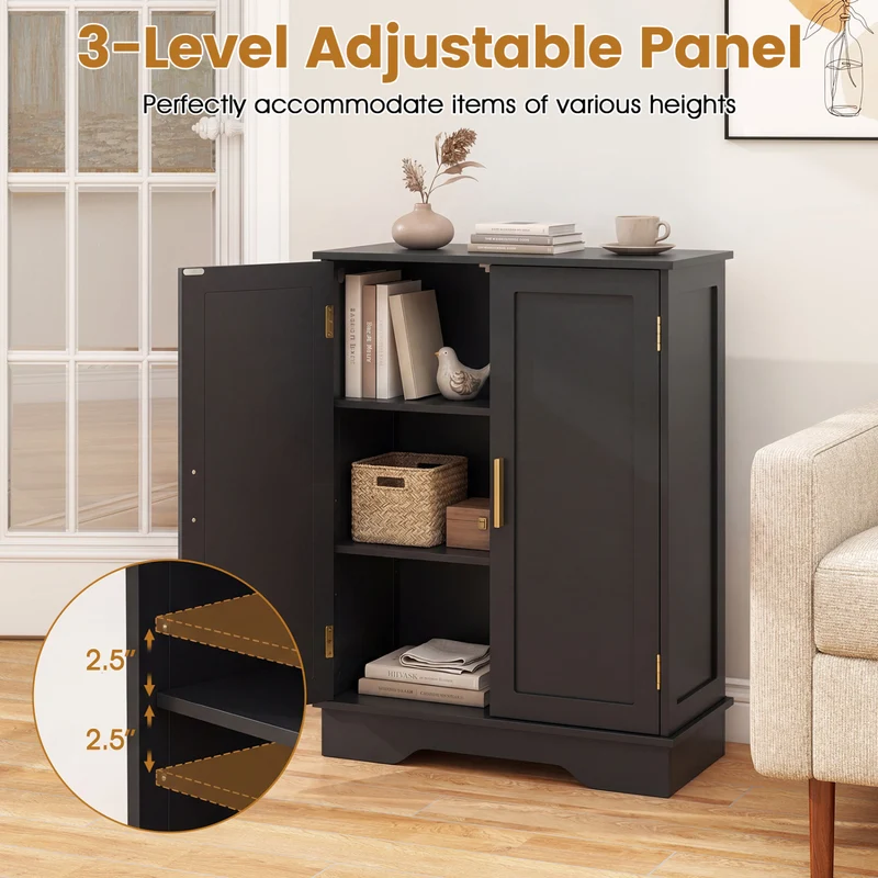 Bathroom Floor Storage Cabinet, 2 Doors, Adjustable Shelves, Black