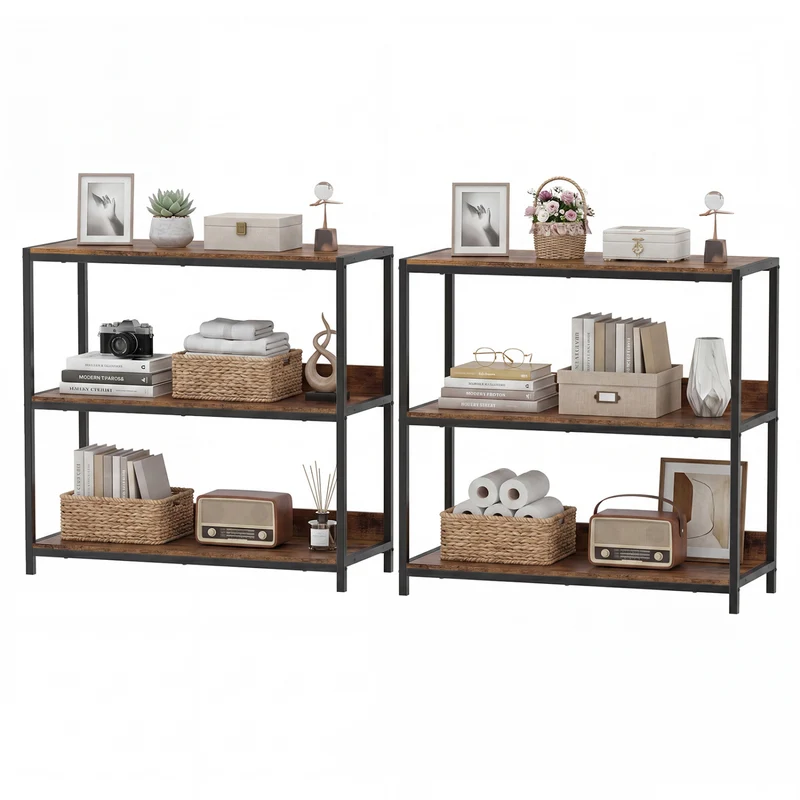 2-Pack 3-Tier Industrial Bookshelf, Rustic Brown