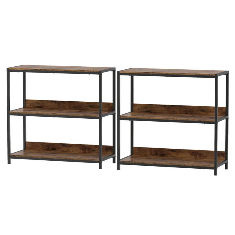 2-Pack 3-Tier Industrial Bookshelf, Rustic Brown