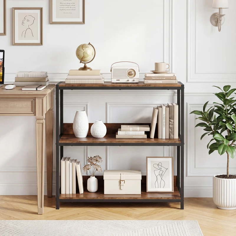 2-Pack 3-Tier Industrial Bookshelf, Rustic Brown