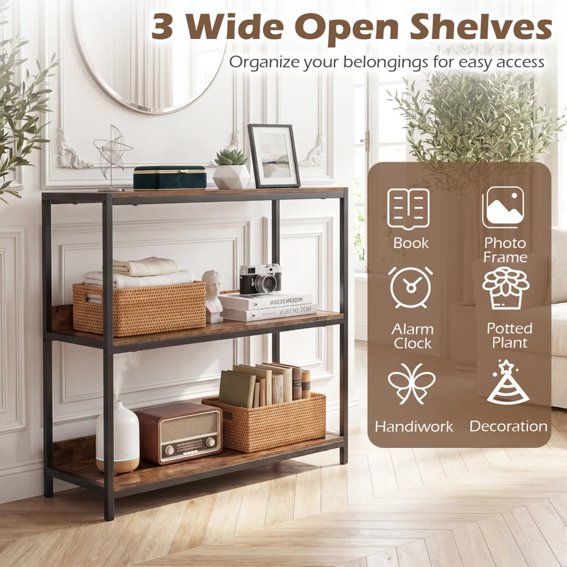 2-Pack 3-Tier Industrial Bookshelf, Rustic Brown