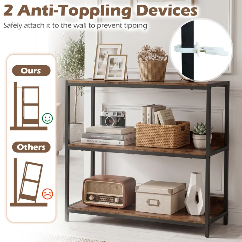 2-Pack 3-Tier Industrial Bookshelf, Rustic Brown