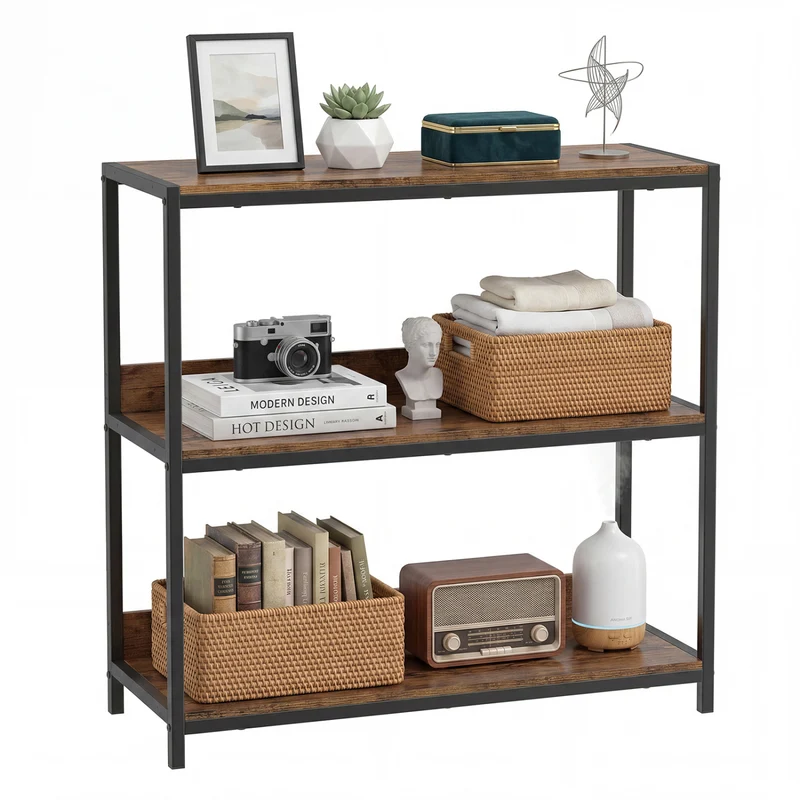 3-Tier Industrial Bookshelf, Rustic Brown