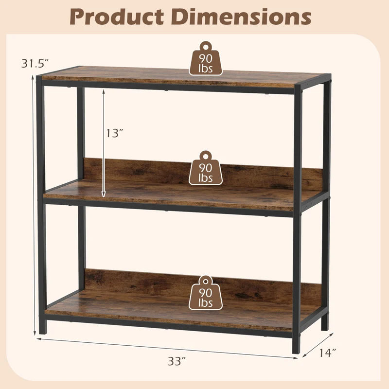 3-Tier Industrial Bookshelf, Rustic Brown