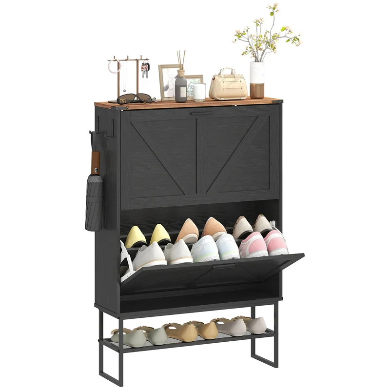 Narrow Shoe Storage Cabinet with 2 Flip Drawers, Black