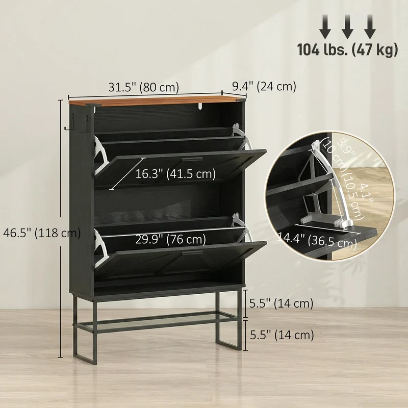 Narrow Shoe Storage Cabinet with 2 Flip Drawers, Black