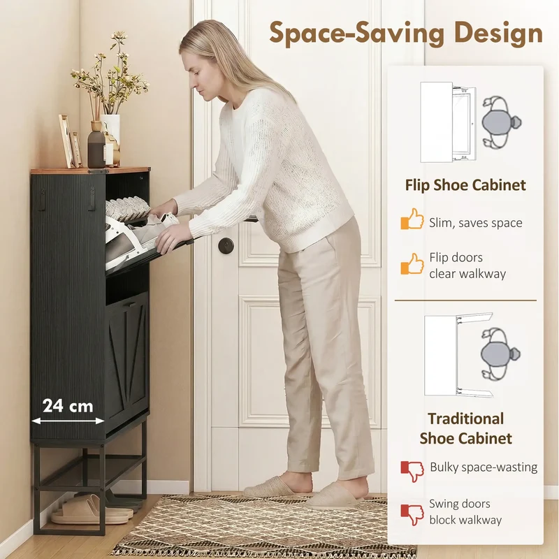 Narrow Shoe Storage Cabinet with 2 Flip Drawers, Black