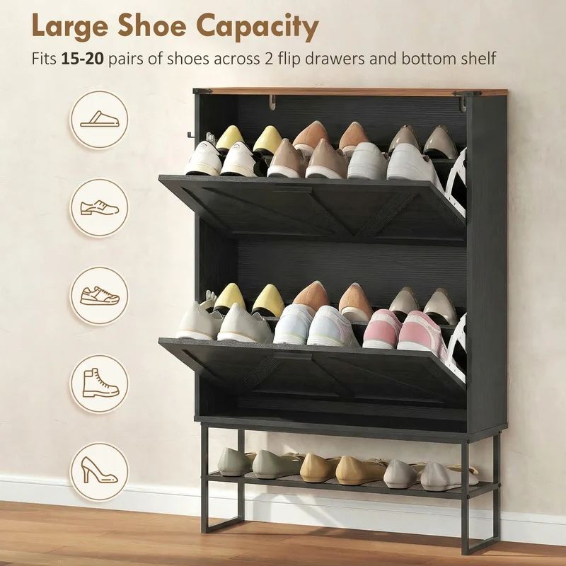 Narrow Shoe Storage Cabinet with 2 Flip Drawers, Black