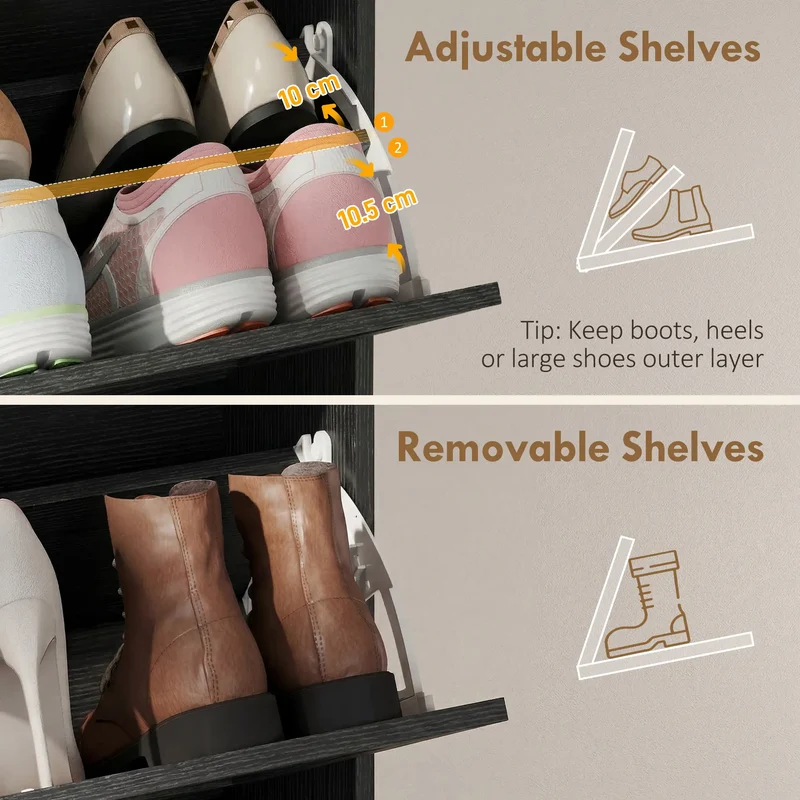 Narrow Shoe Storage Cabinet with 2 Flip Drawers, Black