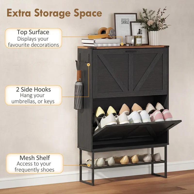 Narrow Shoe Storage Cabinet with 2 Flip Drawers, Black