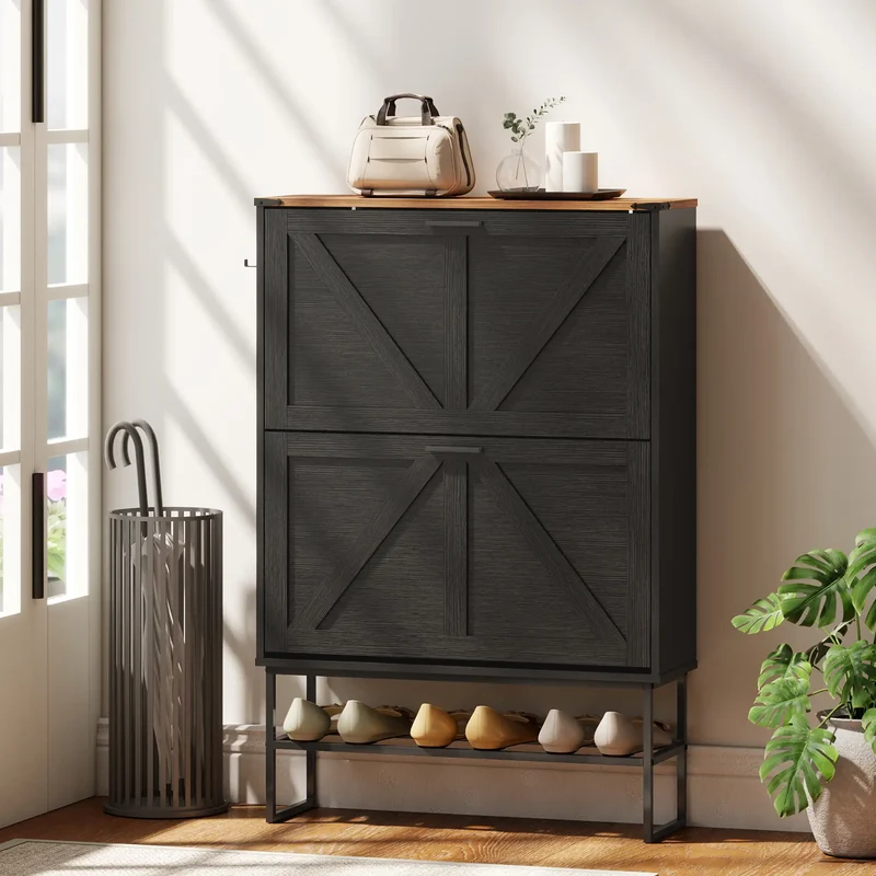 Narrow Shoe Storage Cabinet with 2 Flip Drawers, Black