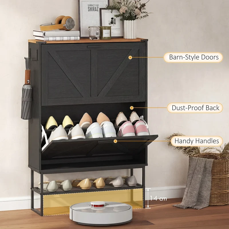 Narrow Shoe Storage Cabinet with 2 Flip Drawers, Black