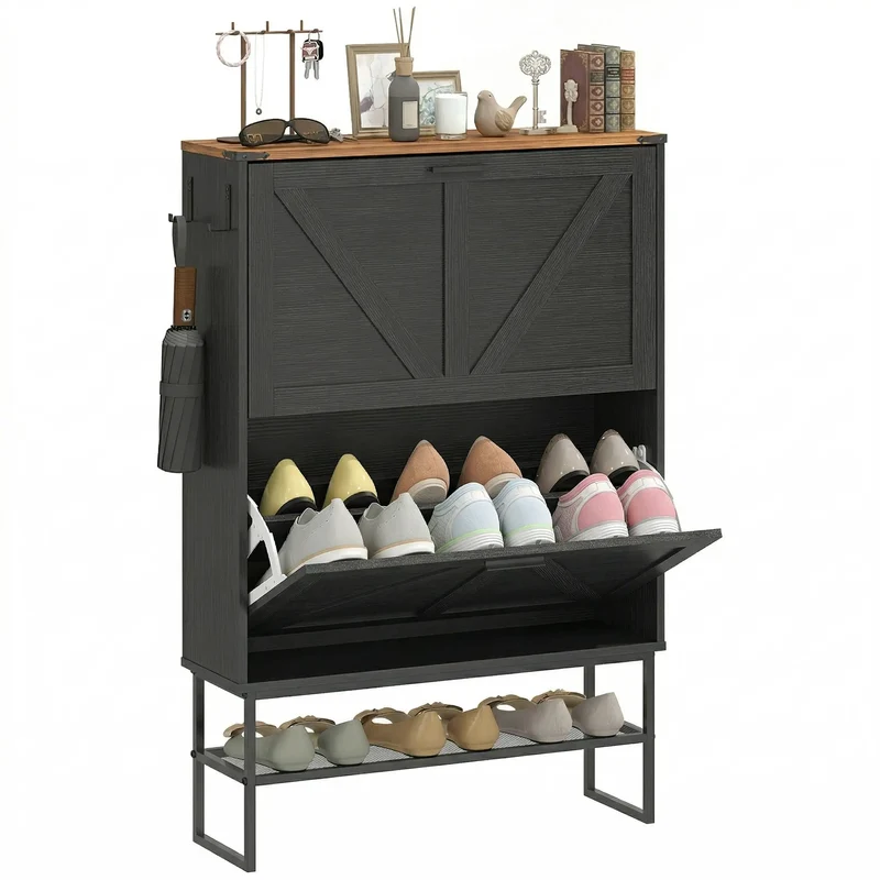 Narrow Shoe Storage Cabinet with 2 Flip Drawers, Black