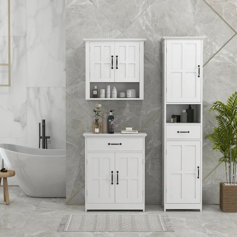 3-Piece Bathroom Furniture Set, Storage Cabinet with Drawers, Shelves, White
