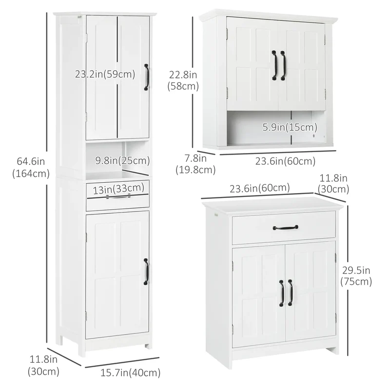 3-Piece Bathroom Furniture Set, Storage Cabinet with Drawers, Shelves, White