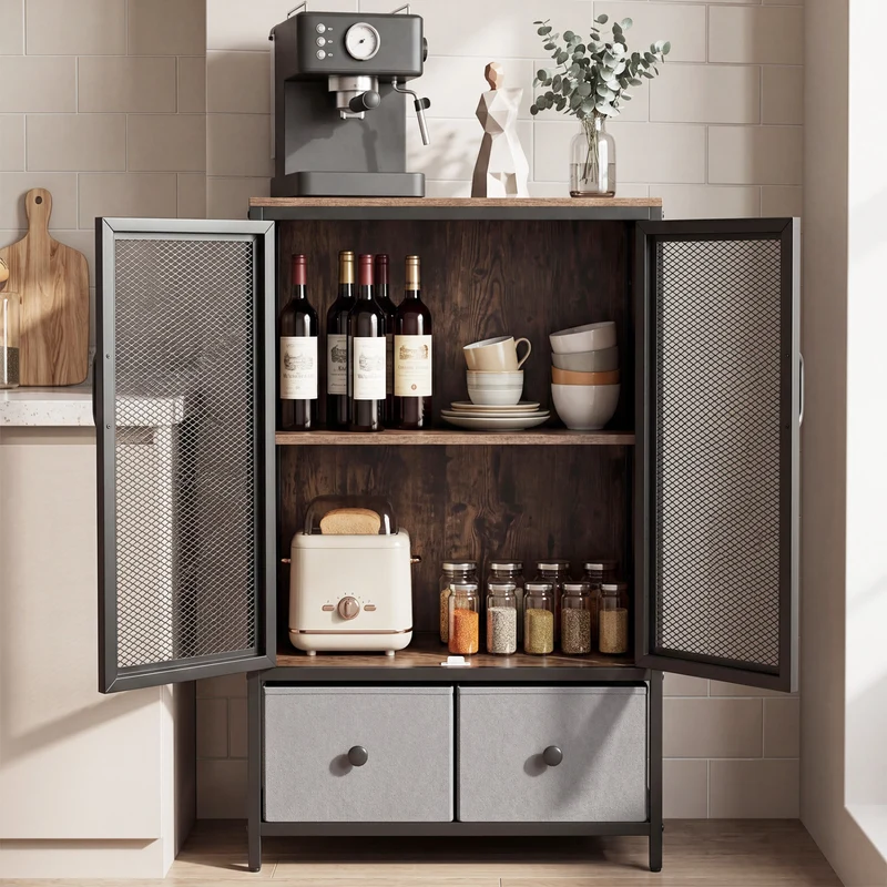 Industrial Coffee Bar Cabinet, 2-Tier Storage, Rustic Brown