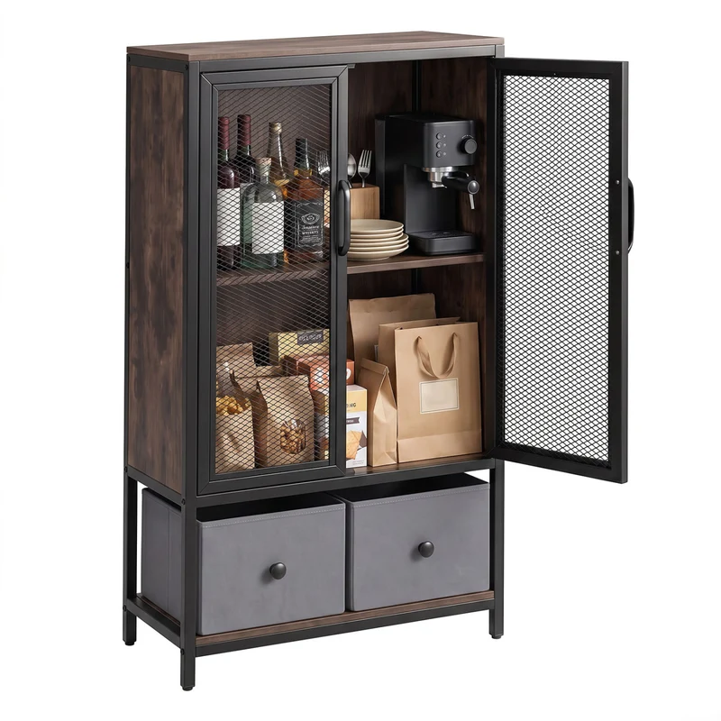 Industrial Coffee Bar Cabinet, 2-Tier Storage, Rustic Brown