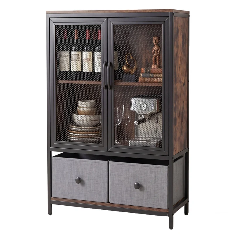 Industrial Coffee Bar Cabinet, 2-Tier Storage, Rustic Brown