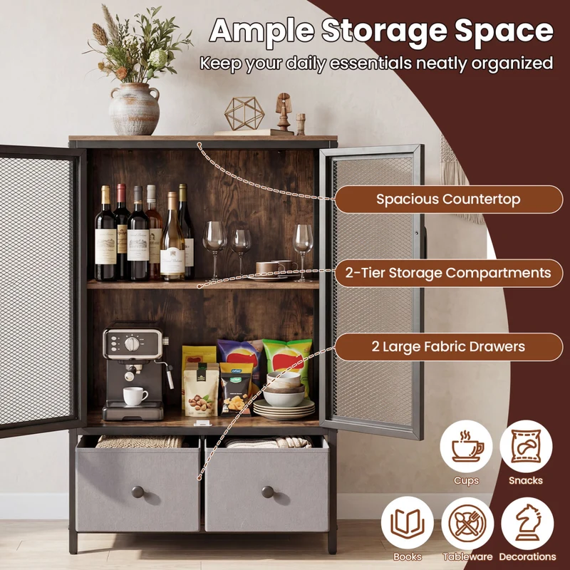 Industrial Coffee Bar Cabinet, 2-Tier Storage, Rustic Brown