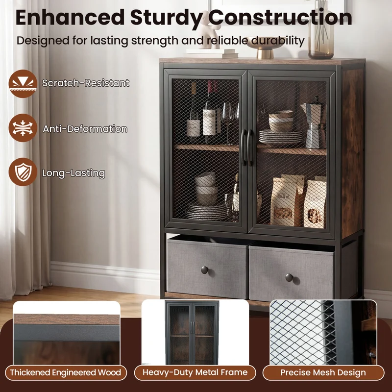 Industrial Coffee Bar Cabinet, 2-Tier Storage, Rustic Brown
