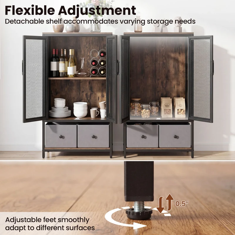 Industrial Coffee Bar Cabinet, 2-Tier Storage, Rustic Brown