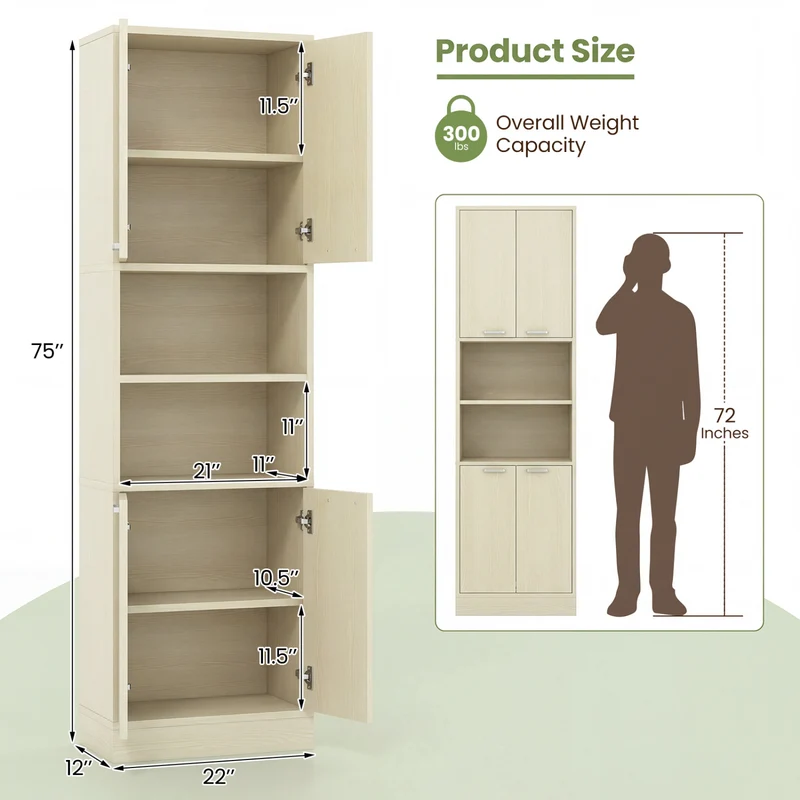 75 Inch Tall Kitchen Pantry Cabinet, Beige