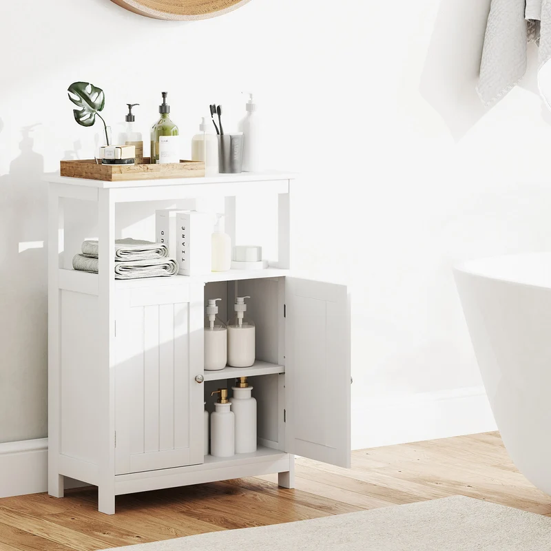 Freestanding Bathroom Floor Cabinet, Open Compartment Storage, White