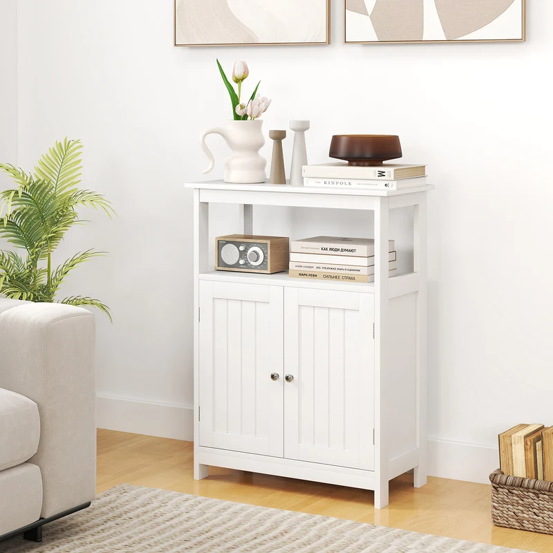 Freestanding Bathroom Floor Cabinet, Open Compartment Storage, White