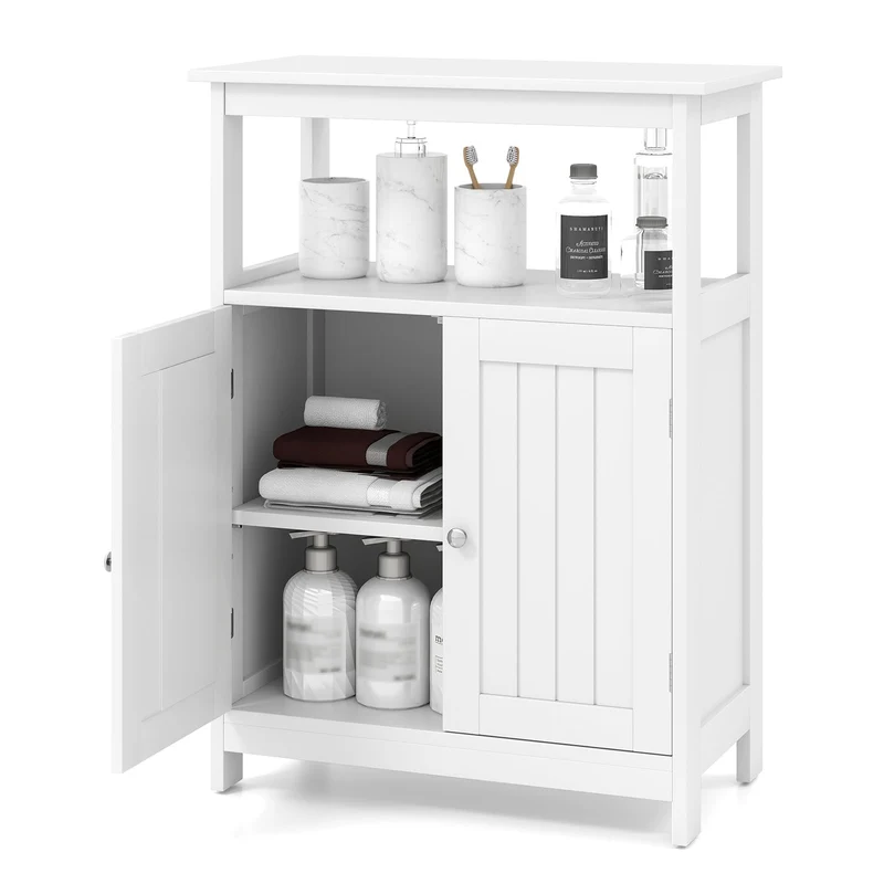 Freestanding Bathroom Floor Cabinet, Open Compartment Storage, White