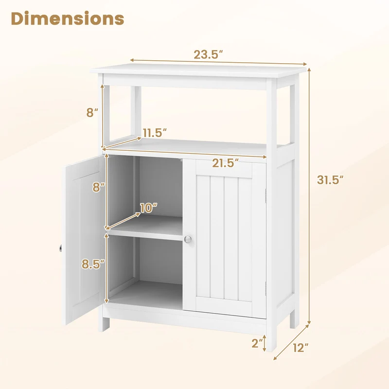 Freestanding Bathroom Floor Cabinet, Open Compartment Storage, White