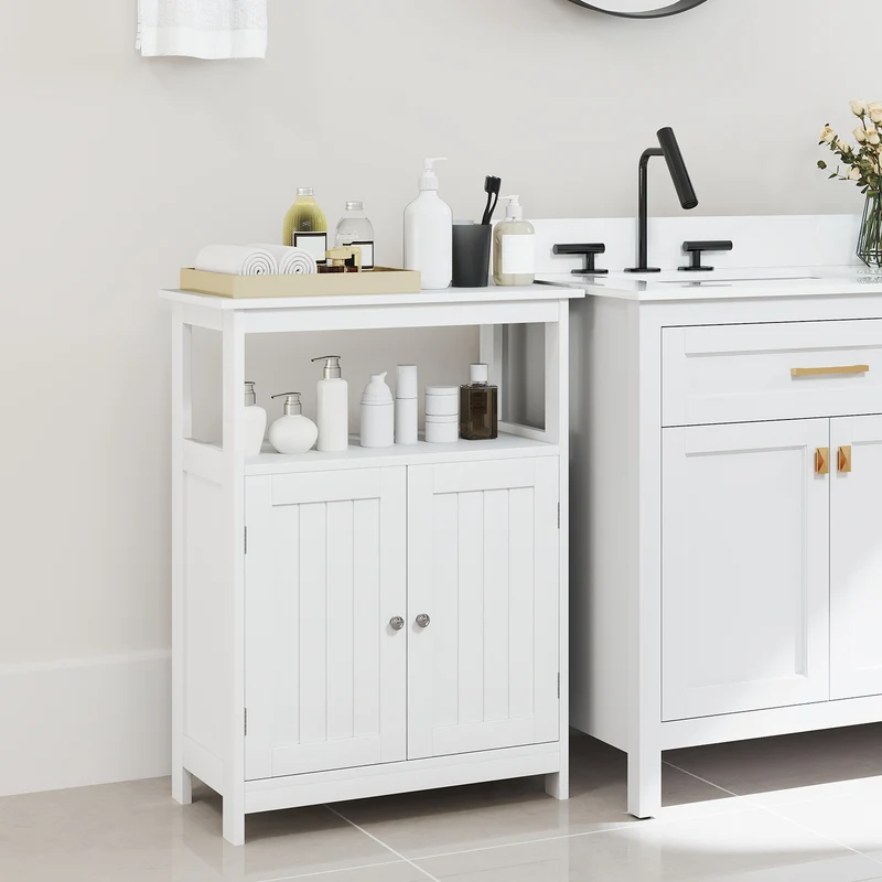 Freestanding Bathroom Floor Cabinet, Open Compartment Storage, White