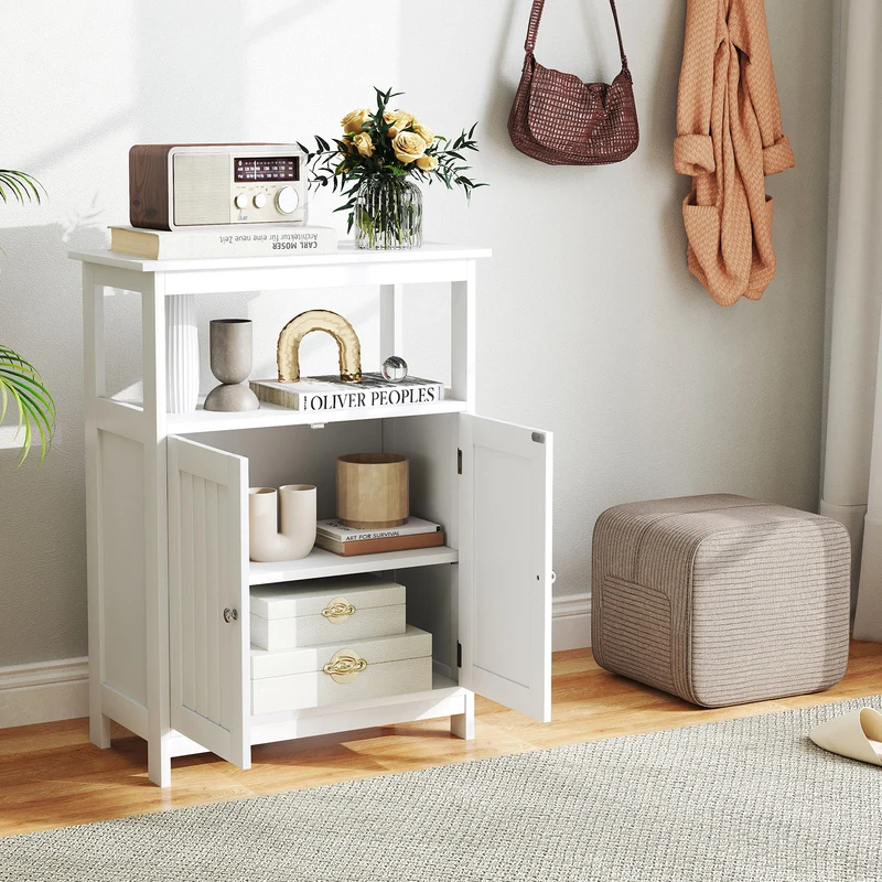 Freestanding Bathroom Floor Cabinet, Open Compartment Storage, White