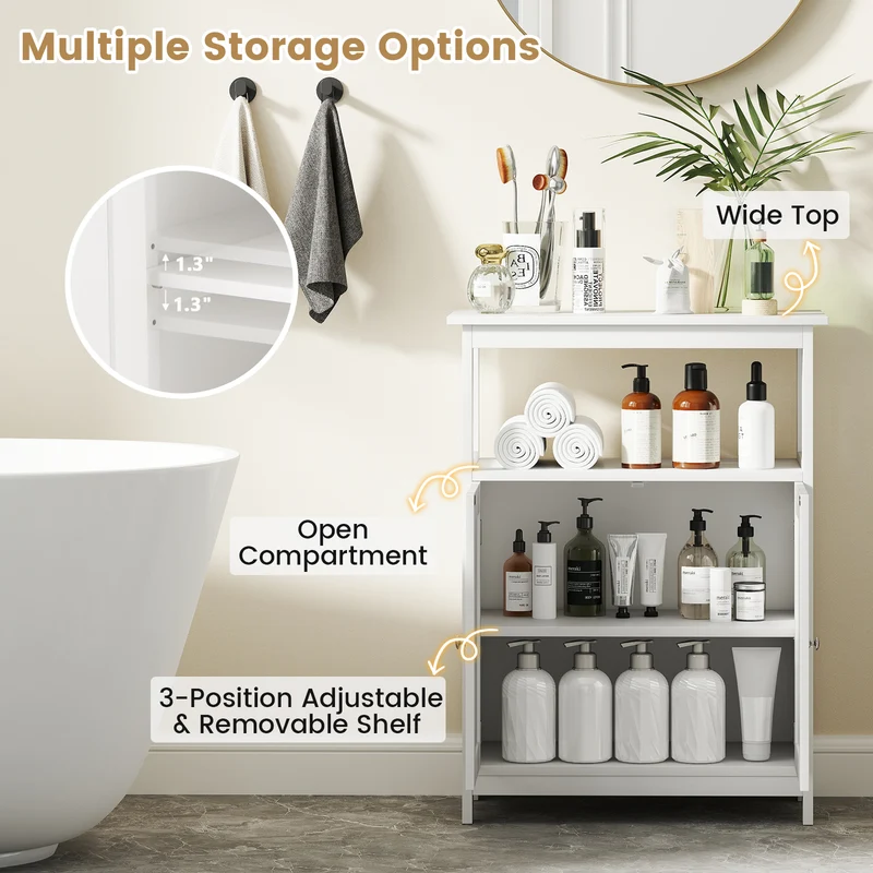 Freestanding Bathroom Floor Cabinet, Open Compartment Storage, White