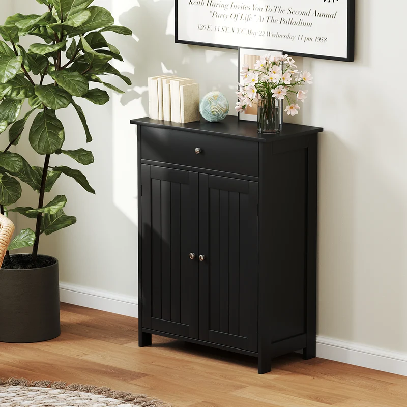 Freestanding Bathroom Floor Cabinet, 2 Doors, Black