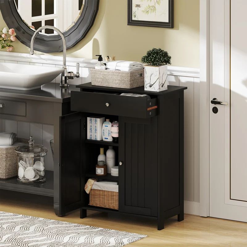 Freestanding Bathroom Floor Cabinet, 2 Doors, Black