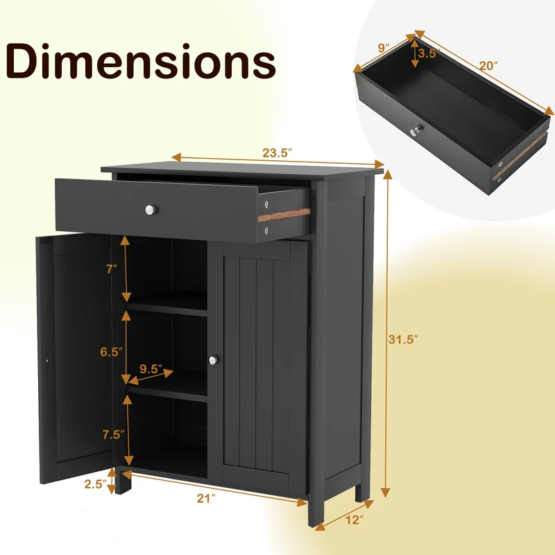 Freestanding Bathroom Floor Cabinet, 2 Doors, Black