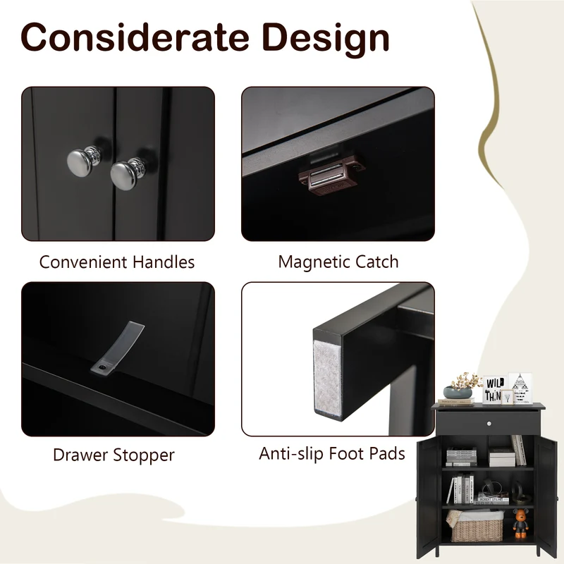 Freestanding Bathroom Floor Cabinet, 2 Doors, Black
