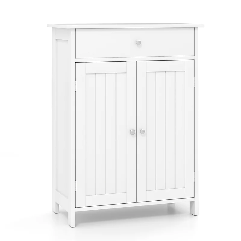 Bathroom Floor Cabinet, Freestanding Storage Organizer, 2 Doors, White