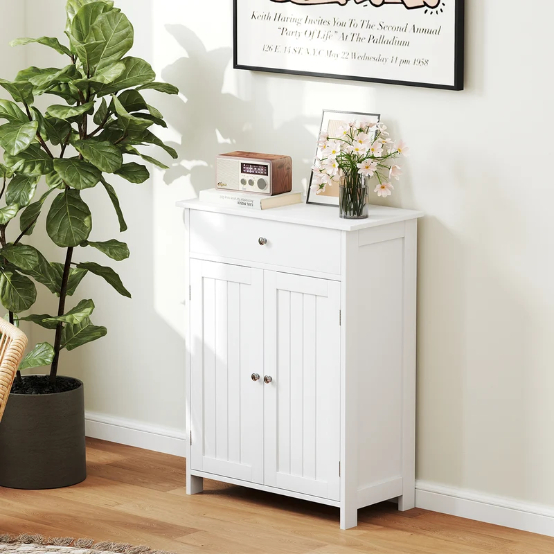 Bathroom Floor Cabinet, Freestanding Storage Organizer, 2 Doors, White