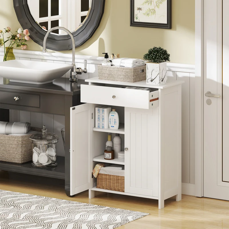 Bathroom Floor Cabinet, Freestanding Storage Organizer, 2 Doors, White