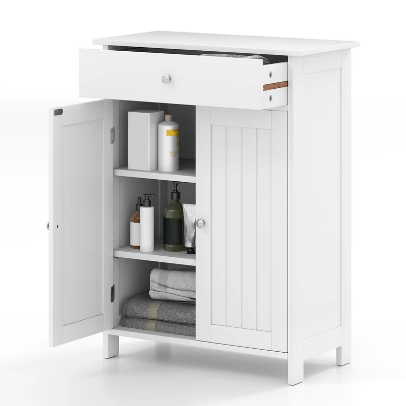 Bathroom Floor Cabinet, Freestanding Storage Organizer, 2 Doors, White