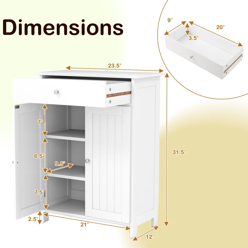 Bathroom Floor Cabinet, Freestanding Storage Organizer, 2 Doors, White