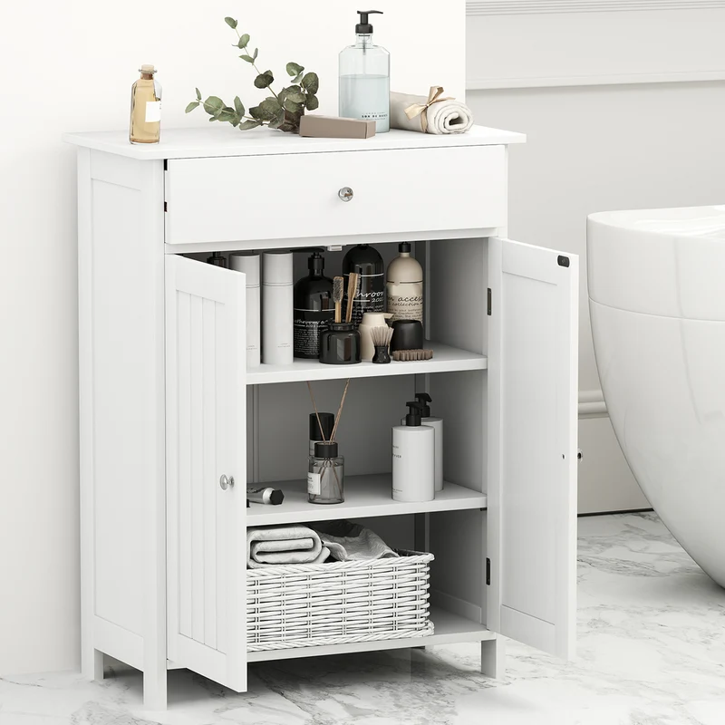 Bathroom Floor Cabinet, Freestanding Storage Organizer, 2 Doors, White