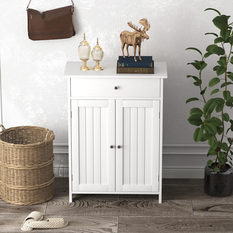 Bathroom Floor Cabinet, Freestanding Storage Organizer, 2 Doors, White