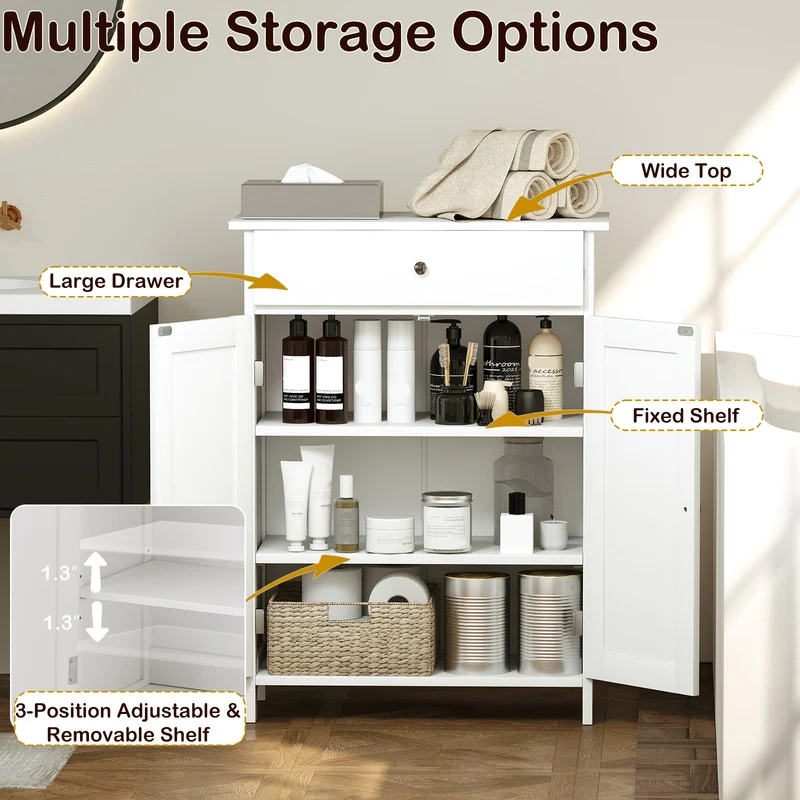 Bathroom Floor Cabinet, Freestanding Storage Organizer, 2 Doors, White